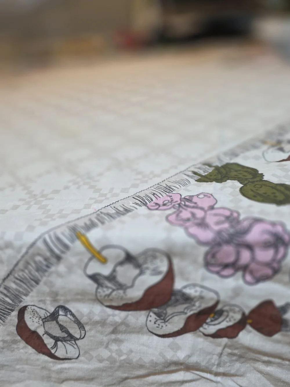 Vintage White Tablecloth with Yellow Pink And Brown Cottage Core Print